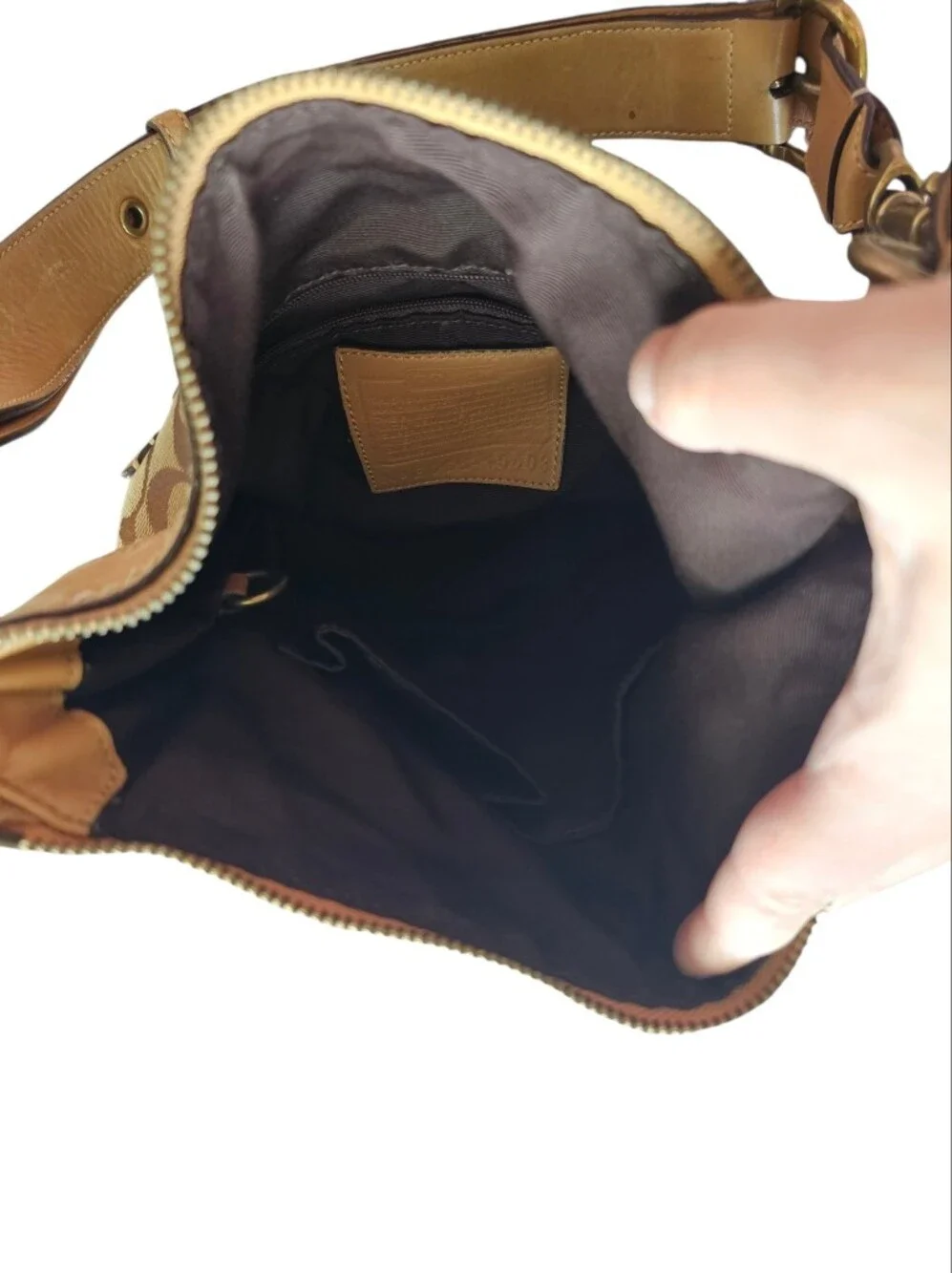 Y2k Coach Signature 10402 Crossbody Purse Shoulder Bag with Leather Trim Brown